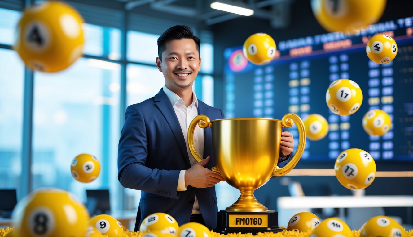 Seorang pria tersenyum memegang piala emas dengan bola lotere berwarna-warni mengelilinginya di kantor modern.