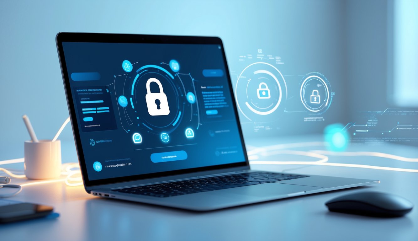 Seorang profesional menggunakan laptop di meja kerja dengan simbol keamanan digital yang menunjukkan lingkungan togel online yang aman dan terpercaya.