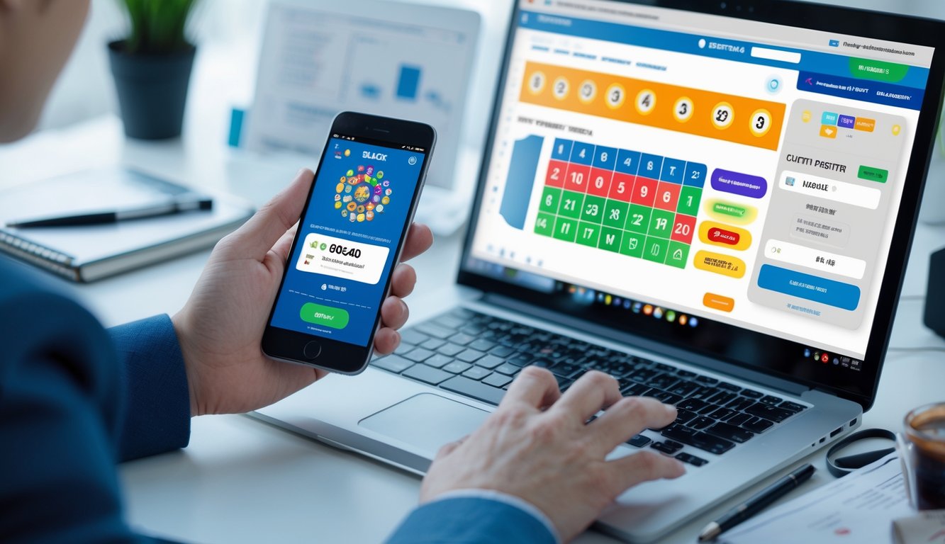 Seseorang menggunakan ponsel dan laptop di meja kerja untuk melakukan transaksi deposit pulsa pada layanan togel online.