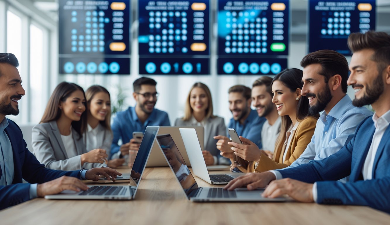 Orang-orang di kantor modern menggunakan laptop dan ponsel, terlihat fokus dan antusias dengan aktivitas terkait lotere online.