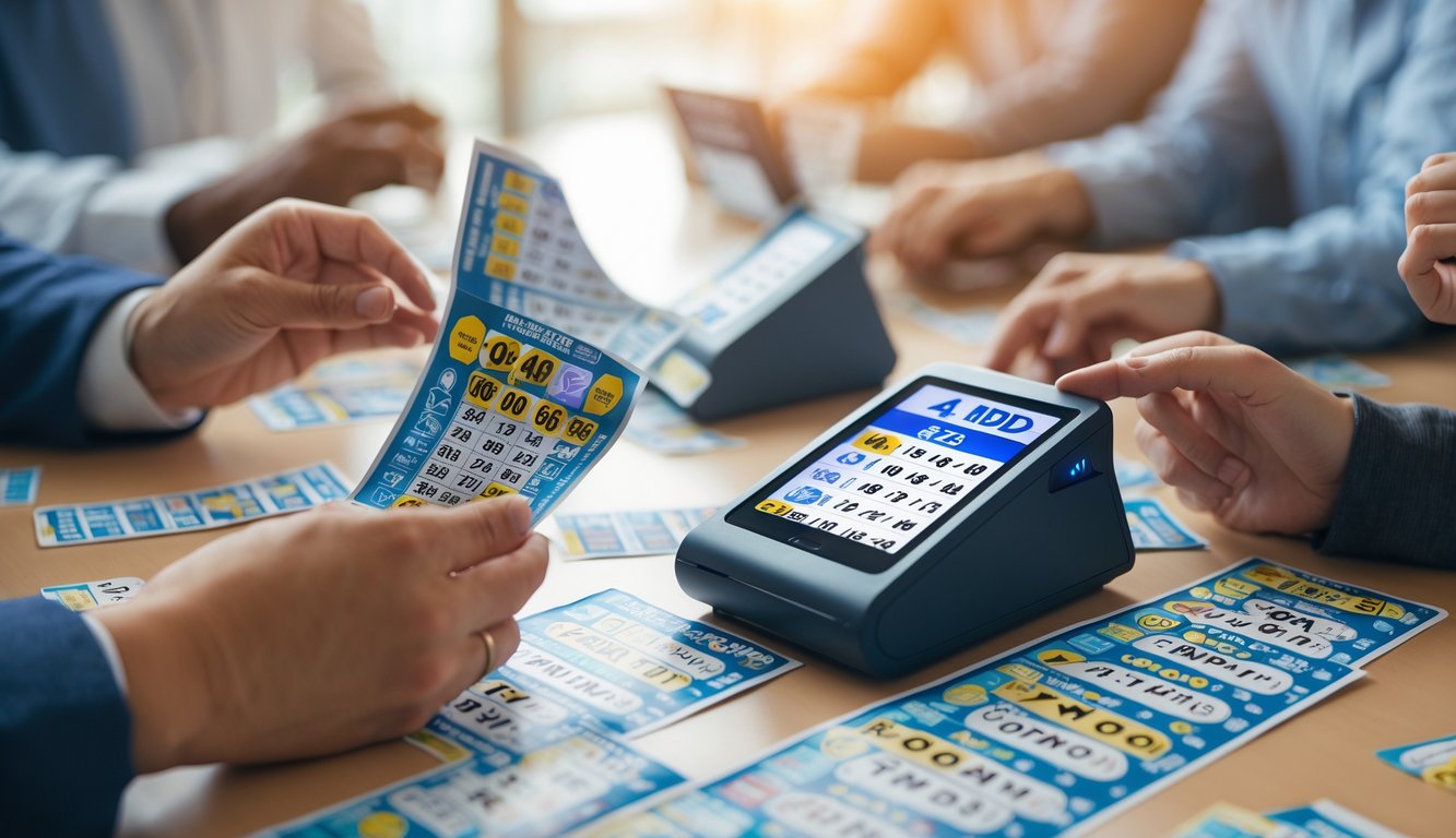 Orang-orang sedang berinteraksi dengan tiket lotre dan perangkat digital yang menampilkan angka dalam berbagai format di atas meja.