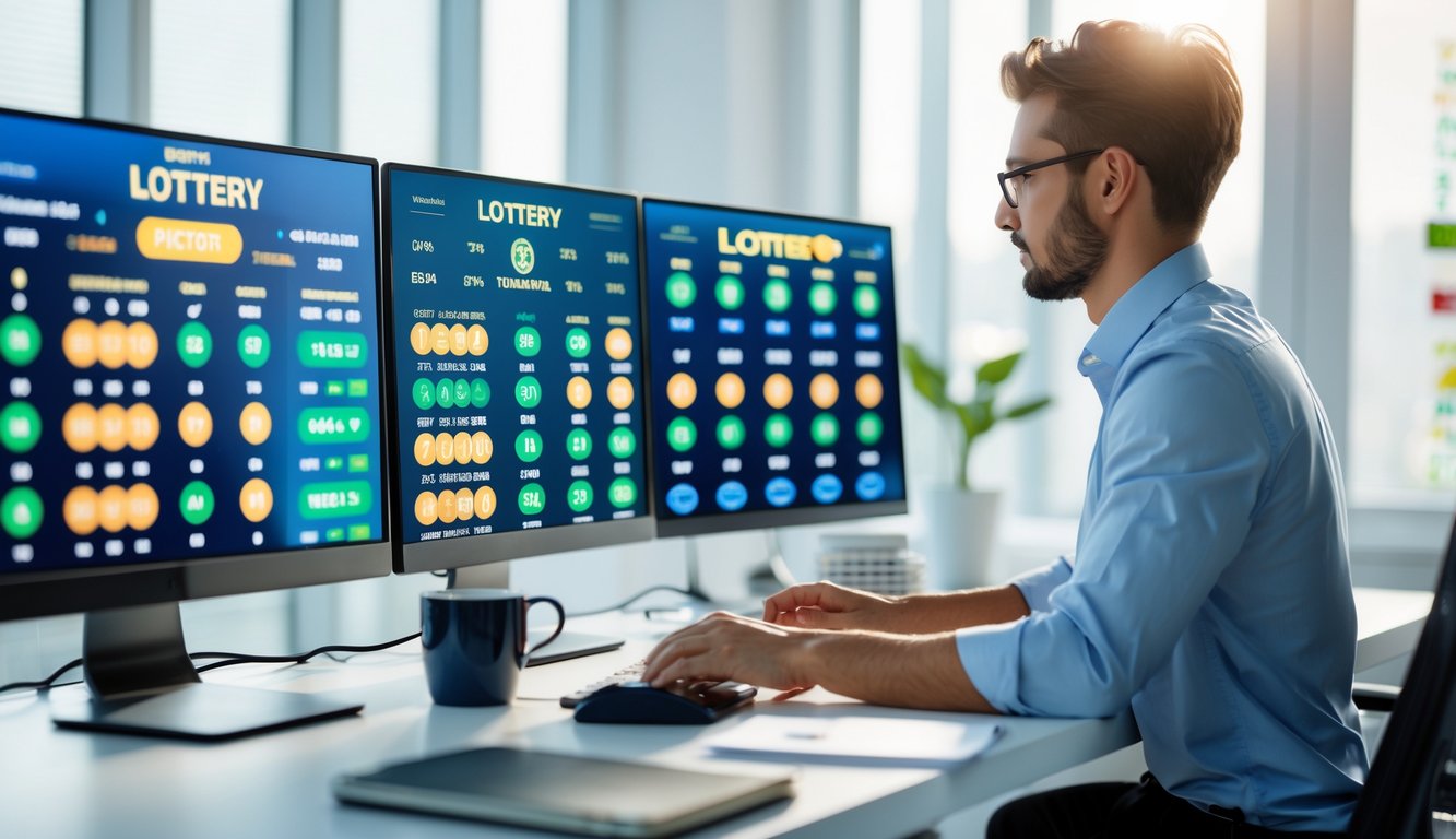 Seseorang sedang bekerja di depan komputer dengan beberapa layar yang menampilkan data pasar togel di sebuah kantor yang rapi.