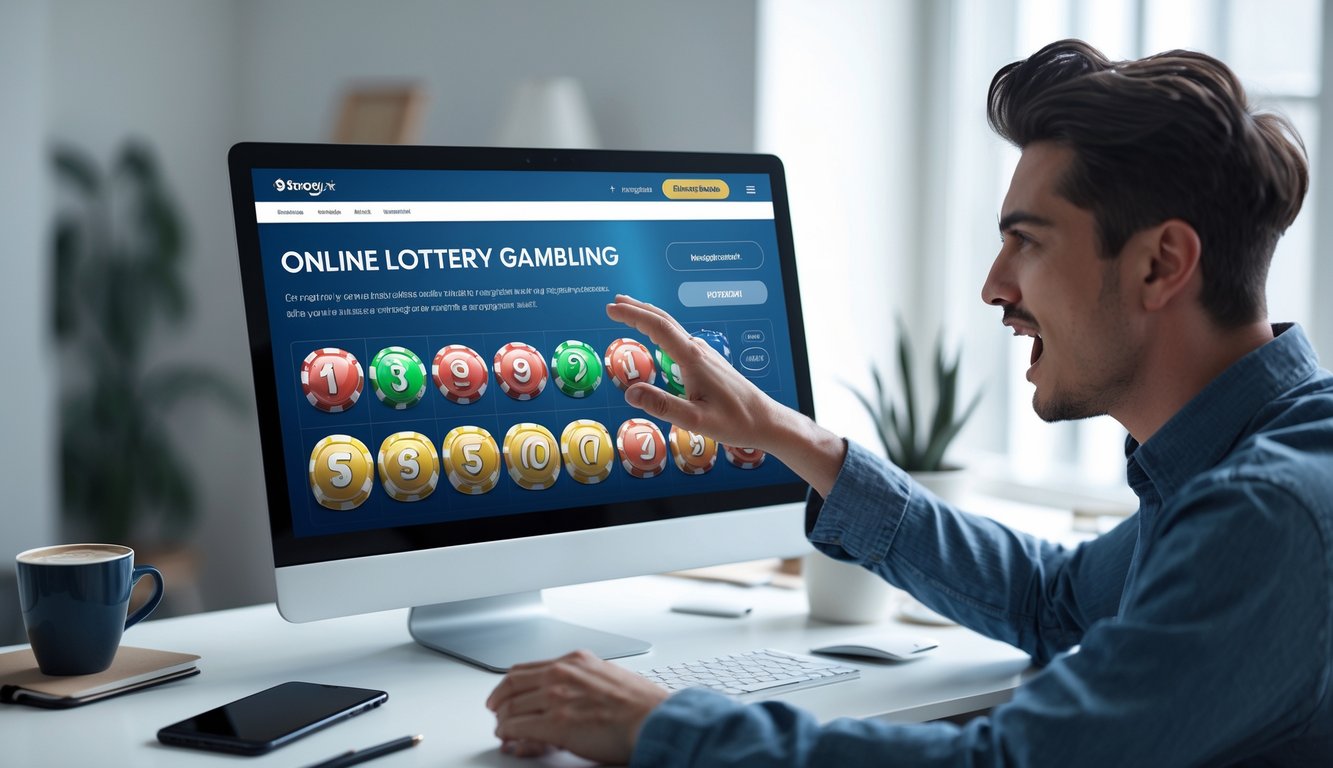 Seorang pengguna muda duduk di depan komputer dengan antusias melihat layar yang menampilkan situs togel online, di meja terdapat kopi dan ponsel.