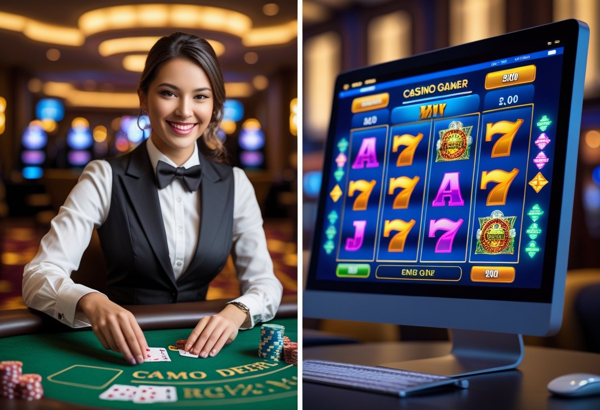 Split image showing a live casino dealer dealing cards at a table on one side and a digital slot machine game on a computer screen on the other side.