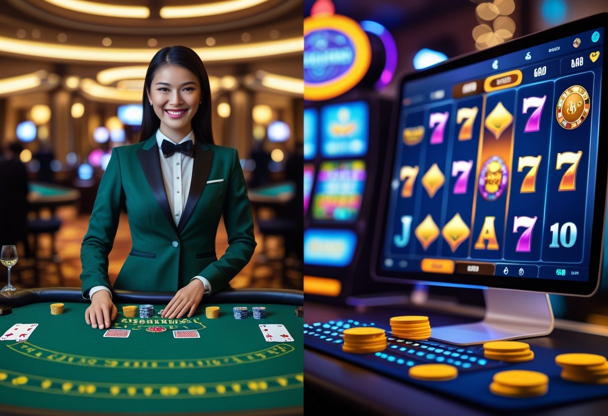 A split image showing a live casino dealer at a gaming table on one side and a digital screen with virtual slot machines and cards on the other side.