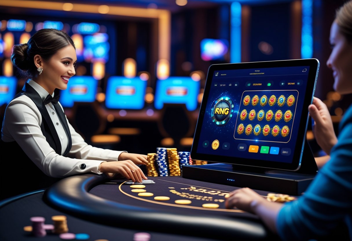 A casino scene showing a live dealer interacting with players on one side and a digital RNG game displayed on a screen on the other side.