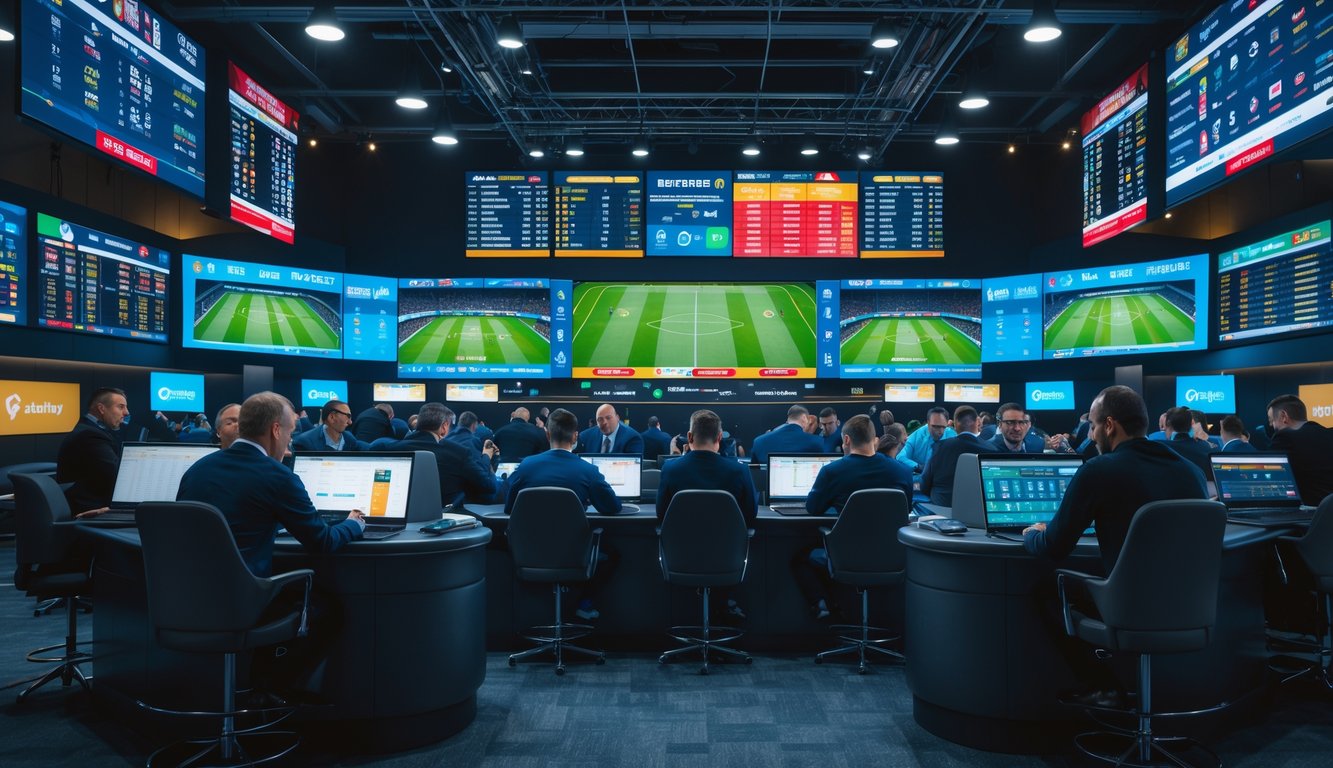 Sekelompok orang sedang bertaruh sepak bola di ruang taruhan modern dengan layar digital besar menampilkan pertandingan sepak bola langsung.