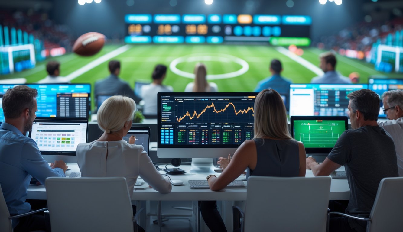 Orang-orang sedang menggunakan komputer dan ponsel untuk memasang taruhan sepak bola online di ruang kerja modern.