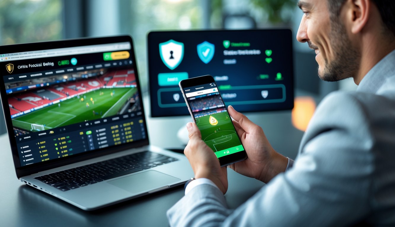 Seseorang menggunakan laptop dan ponsel untuk memasang taruhan sepak bola secara online di ruang kerja modern yang aman dan terpercaya.