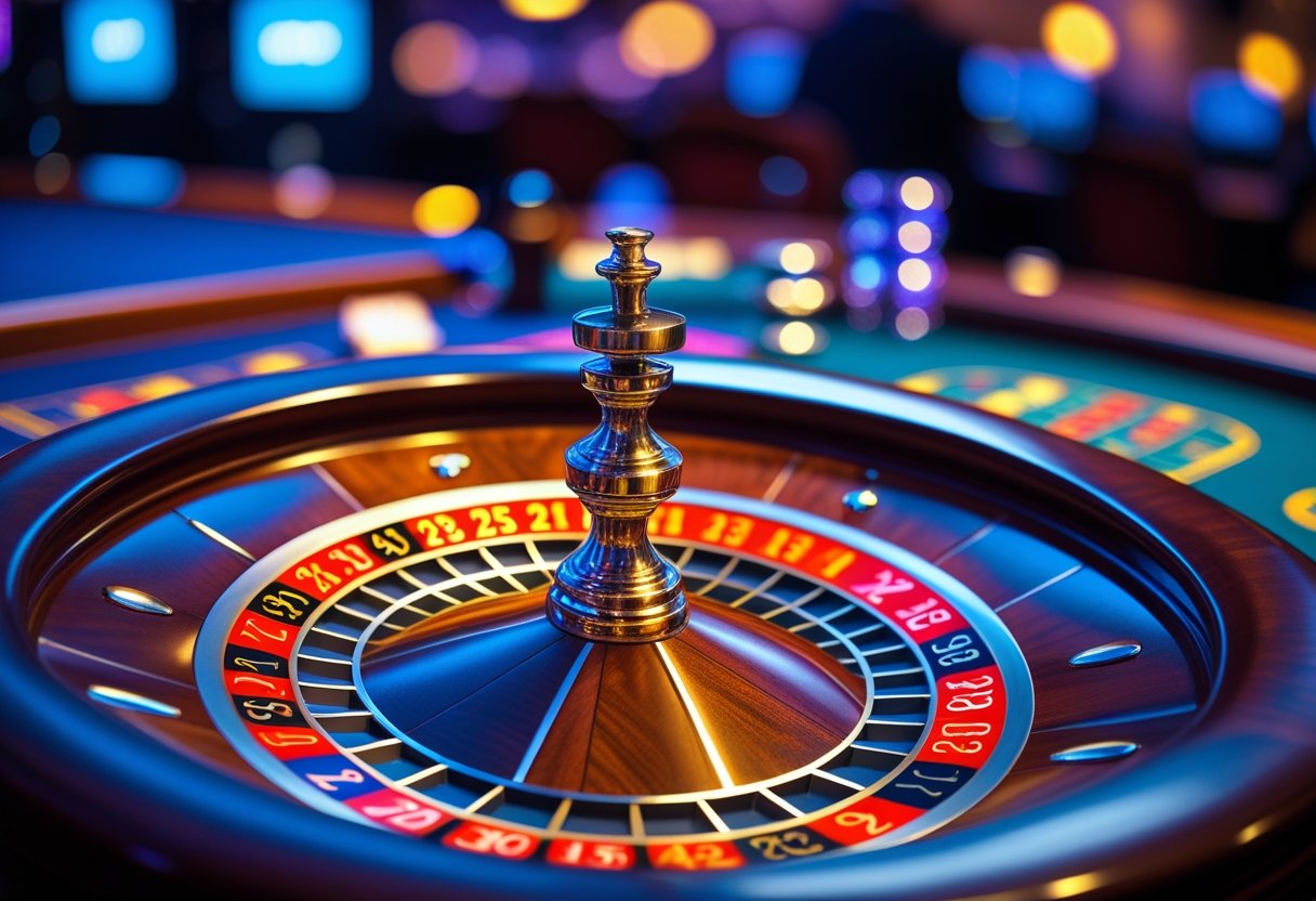 Close-up of a European roulette wheel with a white ball on a number, displayed on a digital casino screen.