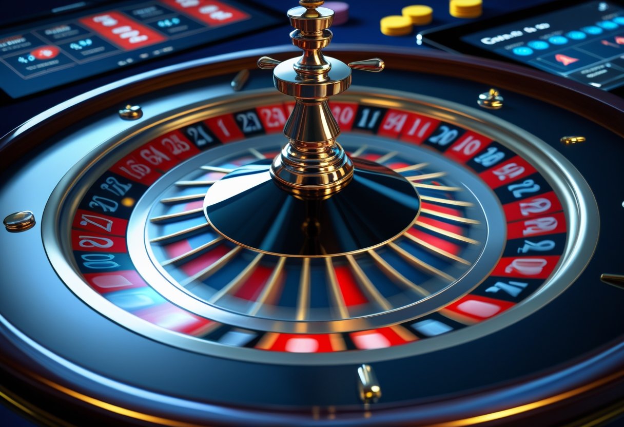 Close-up of a European roulette wheel with a spinning ball and digital casino interface in the background.