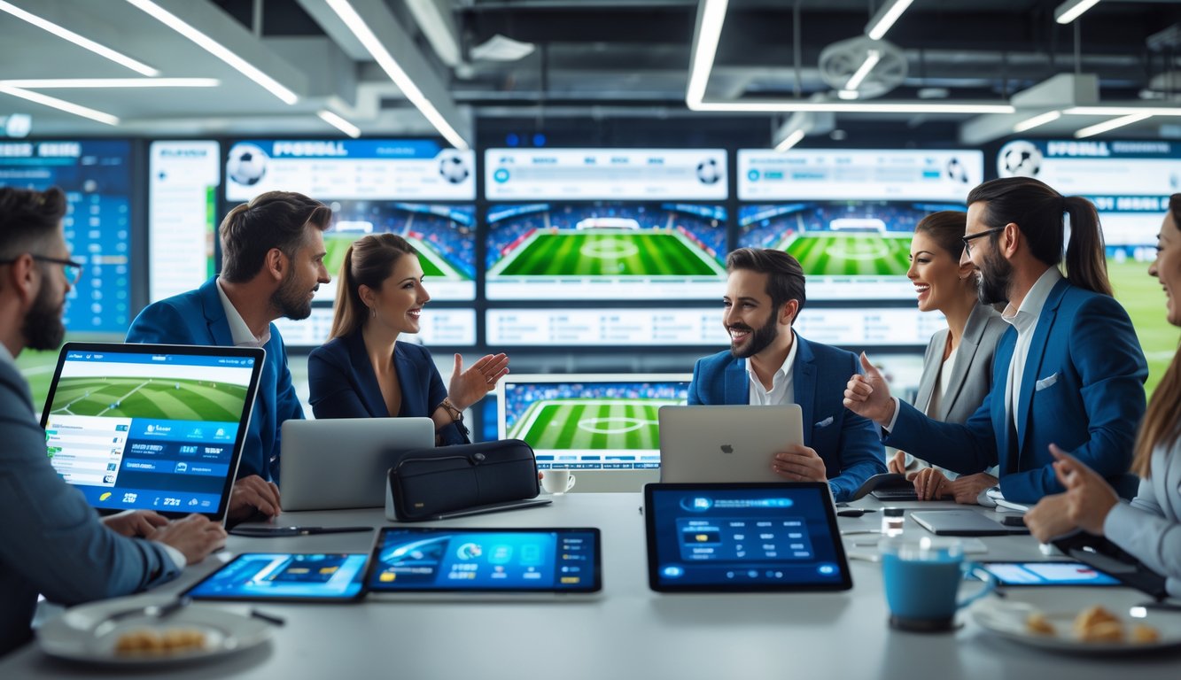 Sekelompok orang menggunakan perangkat digital untuk memasang taruhan pada pertandingan sepak bola di ruang modern.