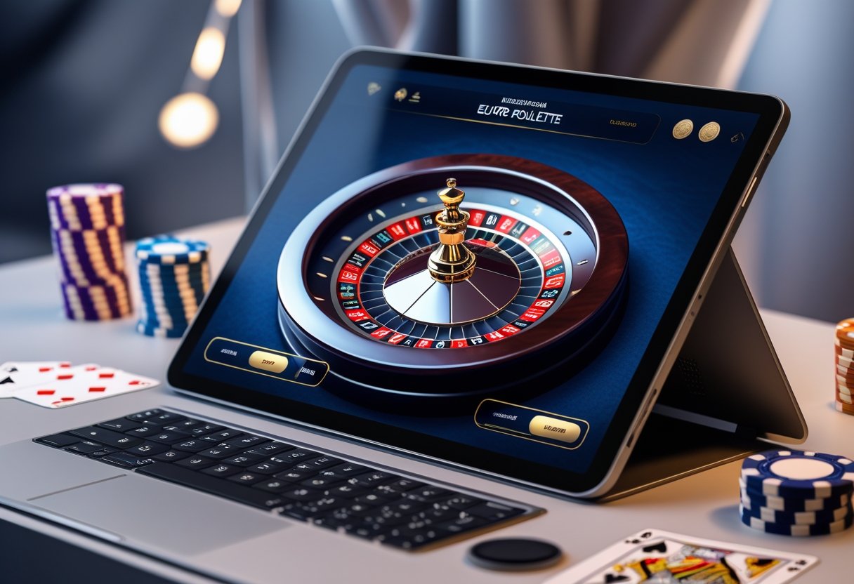 Close-up of a digital European Roulette wheel on a computer screen with poker chips nearby in a modern gaming setup.