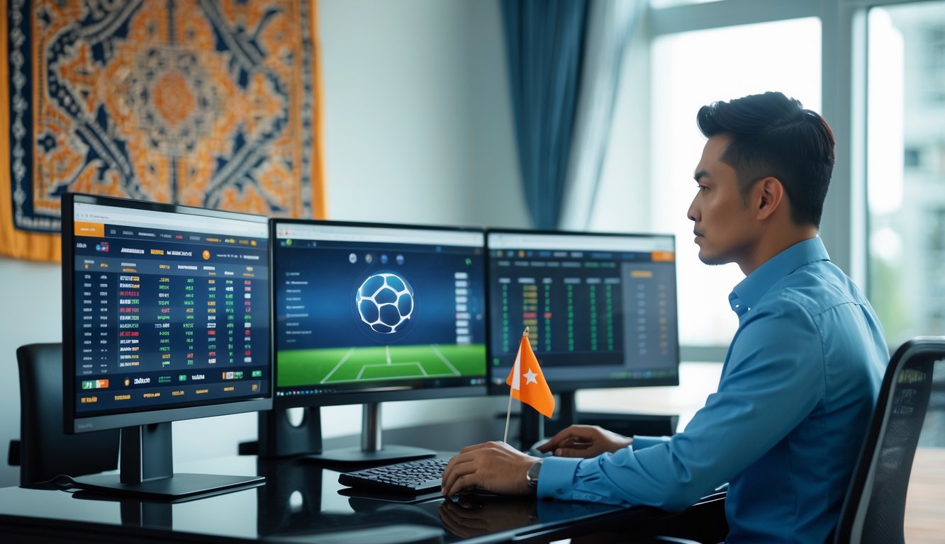 Seorang profesional sedang bekerja dengan komputer yang menampilkan statistik pertandingan sepak bola dan peluang taruhan di kantor modern dengan elemen budaya Indonesia.