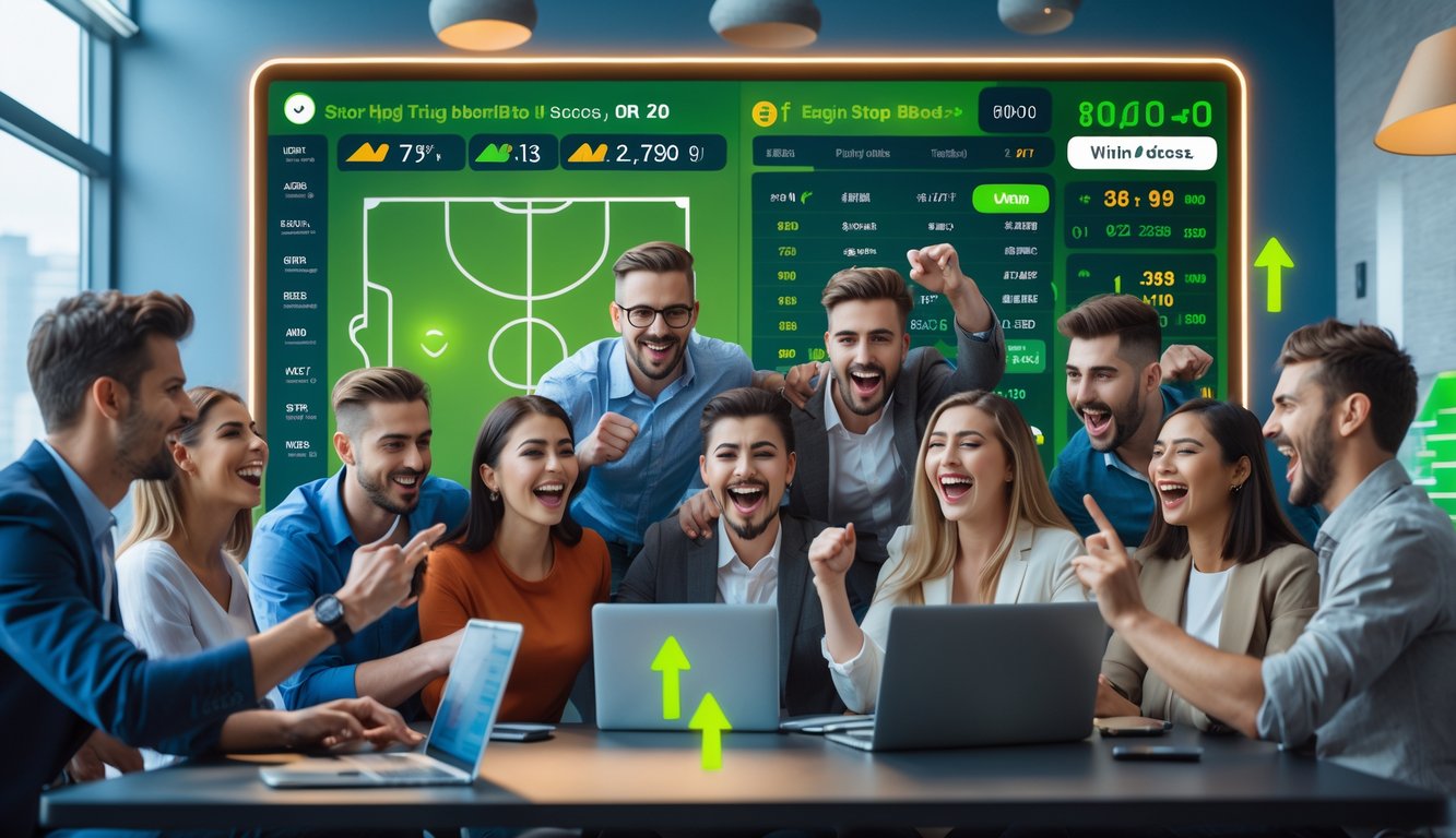 Sekelompok orang muda yang antusias berkumpul di sekitar layar digital besar yang menampilkan statistik pertandingan sepak bola dan skor langsung, beberapa menggunakan ponsel dan laptop untuk memasang taruhan, dengan suasana yang ceria dan penuh semangat.