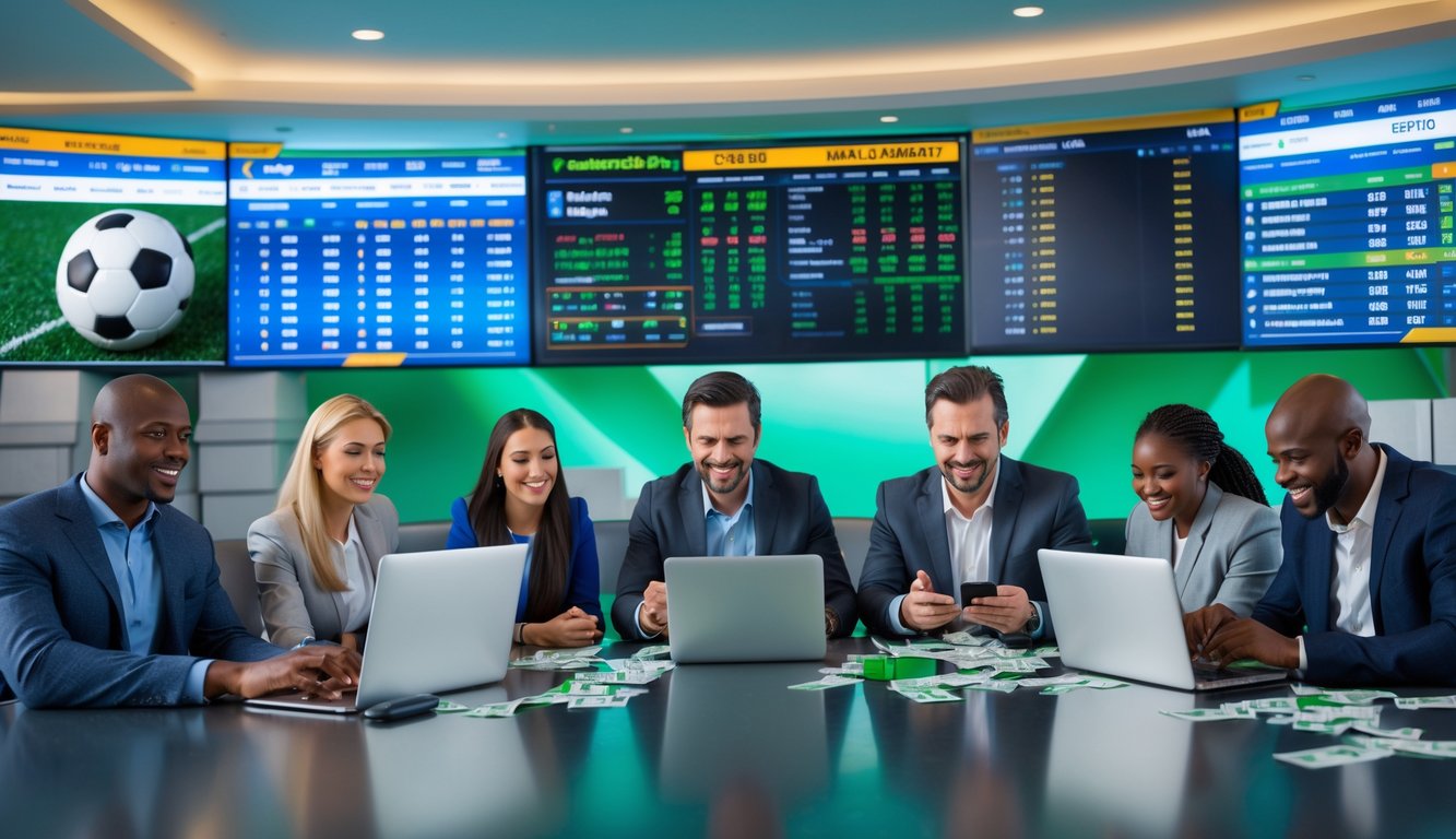 Orang-orang sedang melihat layar besar menampilkan pertandingan sepak bola dan data taruhan dalam ruangan modern.