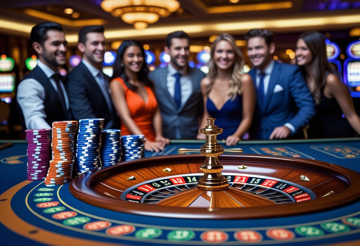 Close-up of a roulette wheel with chips and players watching in a casino.