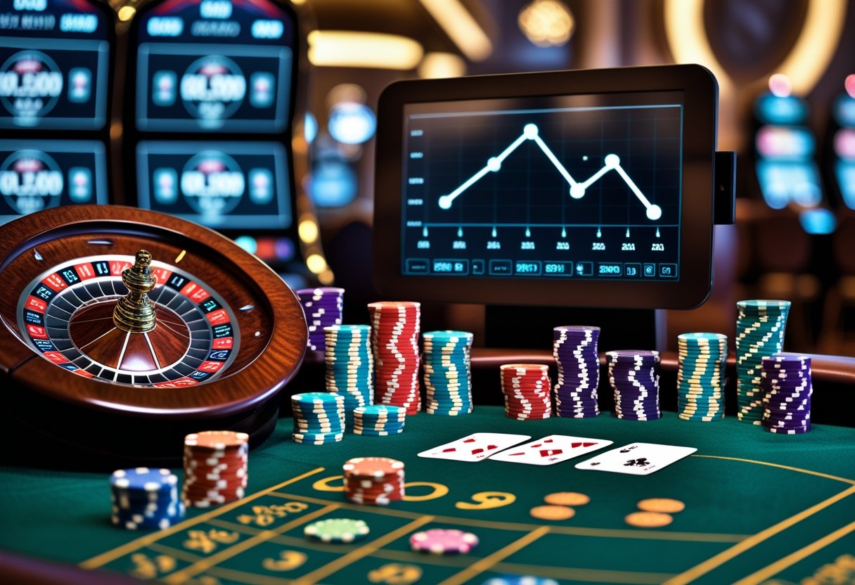 A casino gaming table with poker chips, playing cards, and a roulette wheel, showing charts representing payouts.