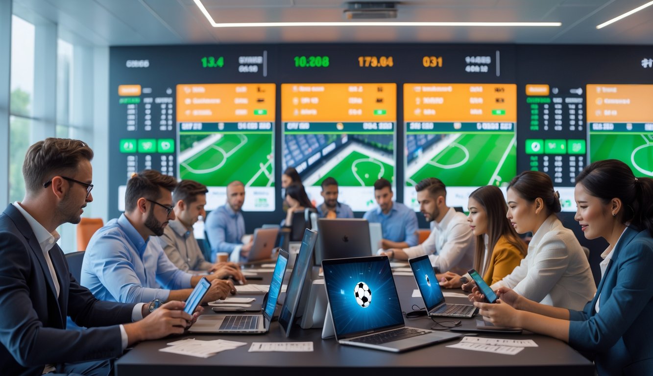Orang-orang sedang memasang taruhan sepak bola di sebuah ruang taruhan modern dengan layar besar yang menampilkan pertandingan sepak bola dan statistik odds.