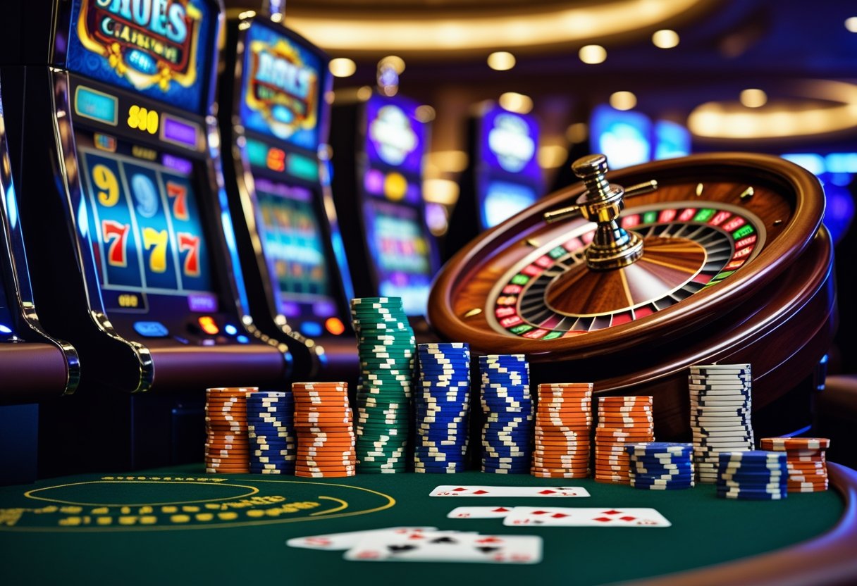 Close-up of a casino scene with a spinning slot machine, a roulette wheel in motion, and poker chips with playing cards on a green table.