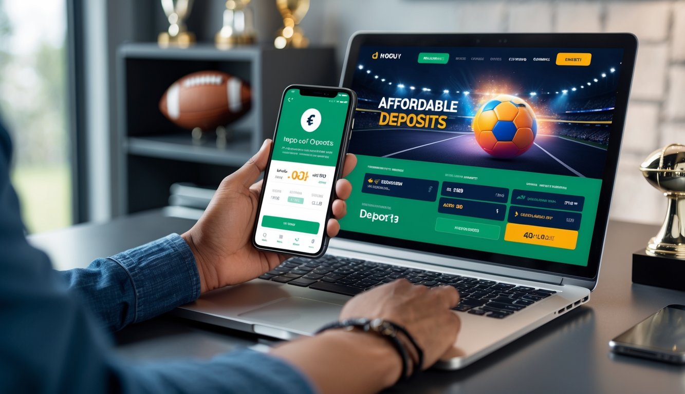 Seseorang menggunakan laptop dan ponsel untuk memasang taruhan bola online dengan suasana kantor rumah yang rapi dan perlengkapan olahraga di latar belakang.