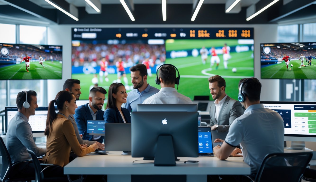 Orang-orang menggunakan perangkat digital untuk memasang taruhan bola di ruang modern dengan layar besar menampilkan pertandingan sepak bola.