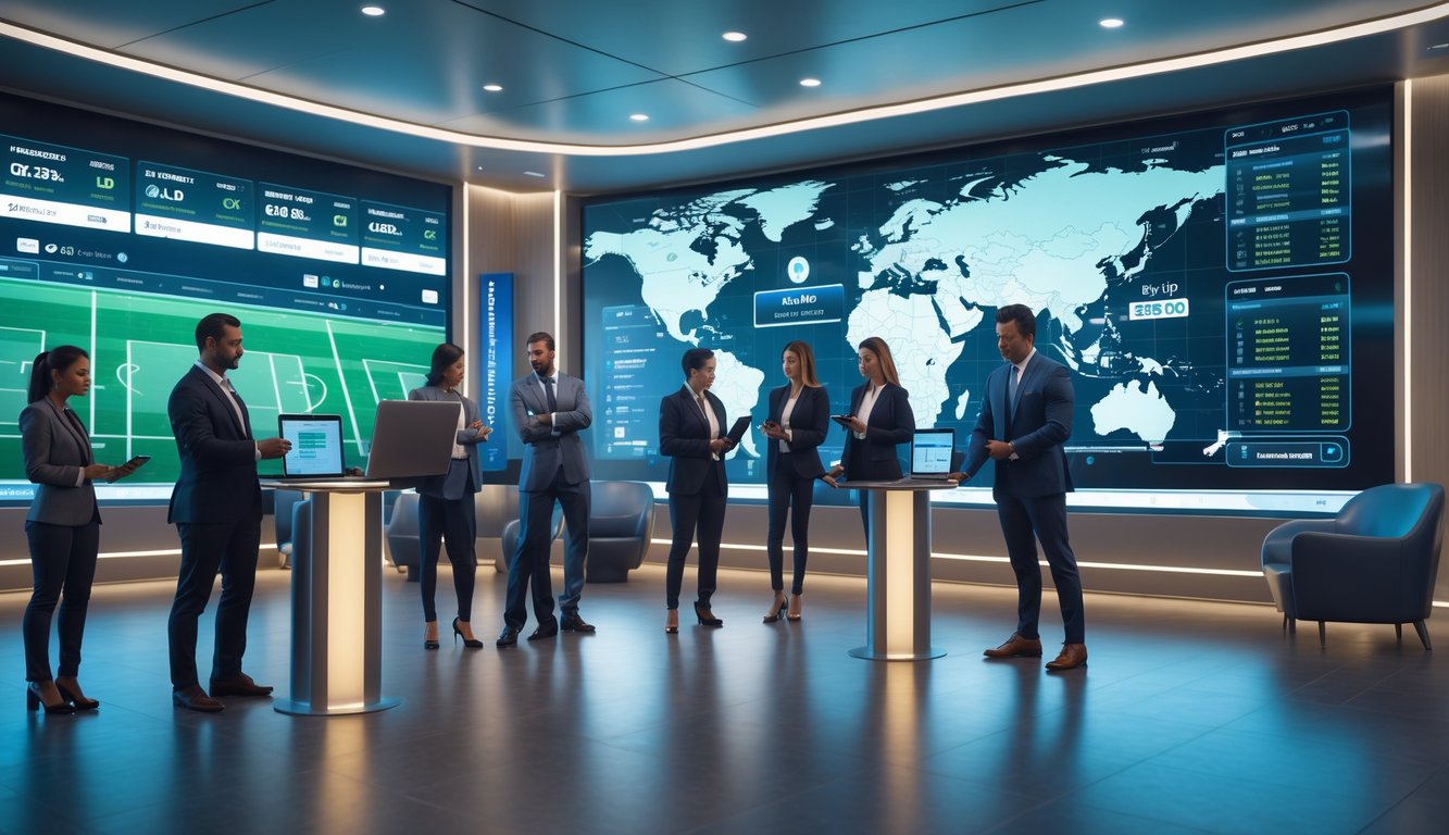 Orang-orang sedang menggunakan layar digital besar untuk melihat pertandingan sepak bola dan memasang taruhan dalam suasana ruang taruhan modern dan terang.