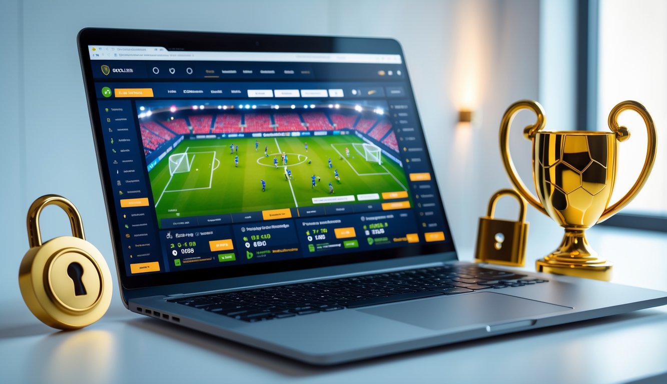 Seorang pengguna duduk di depan komputer dengan tampilan situs judi bola online yang menampilkan skor dan peluang pertandingan sepak bola secara langsung.