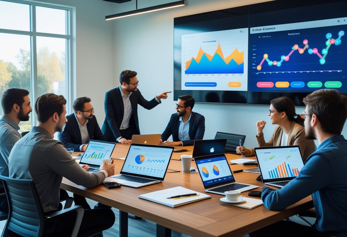 A group of people working together around a table with laptops and tablets displaying charts and game interfaces, discussing strategy in a bright office.