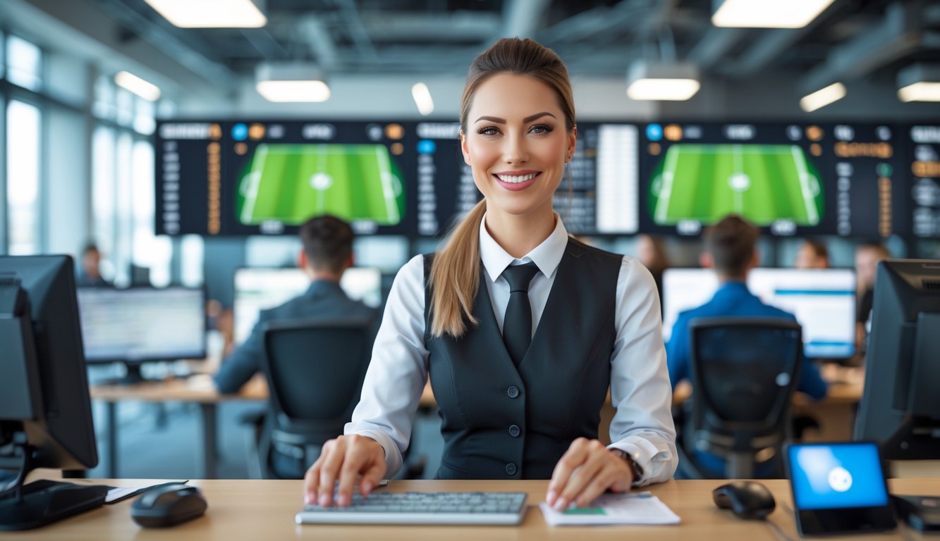 Seorang petugas layanan pelanggan yang ramah di kantor agen taruhan bola resmi dengan layar besar menampilkan pertandingan sepak bola di latar belakang.