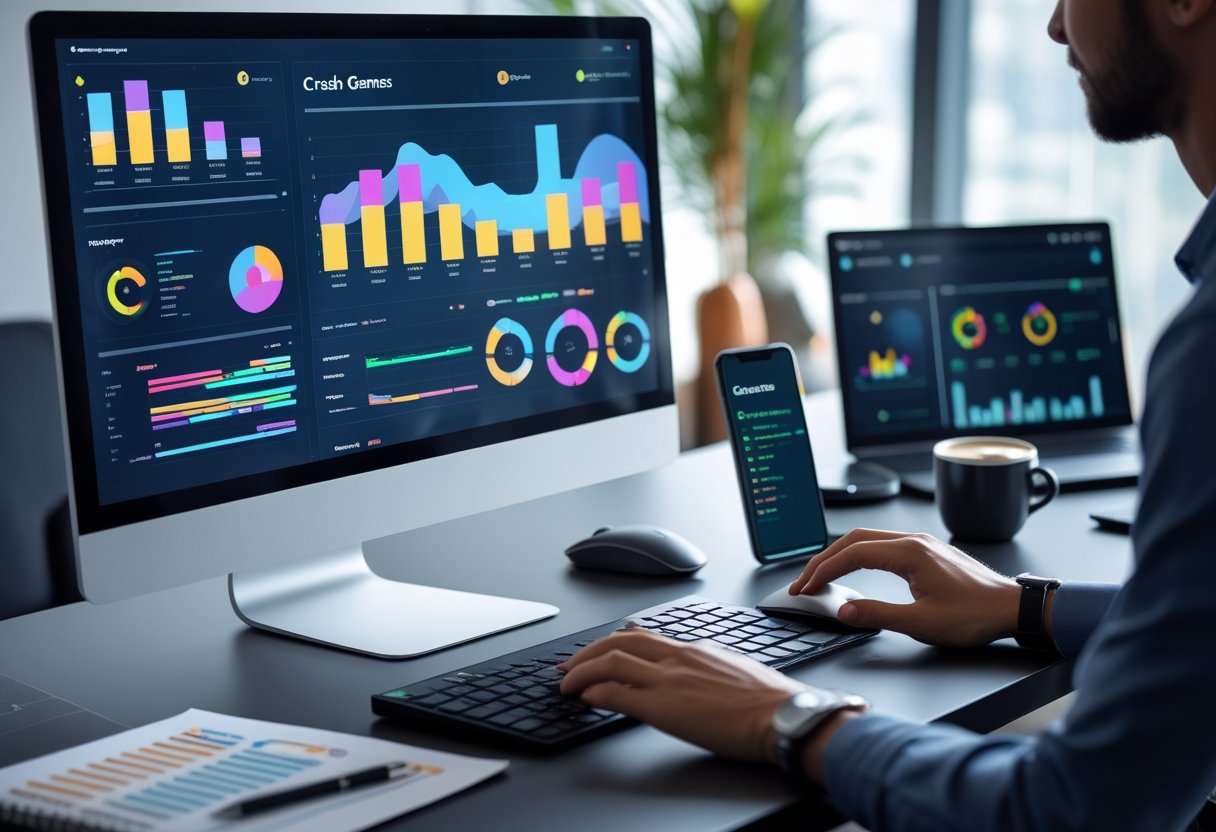 A person working at a desk with a computer showing graphs and charts related to crash games strategy.