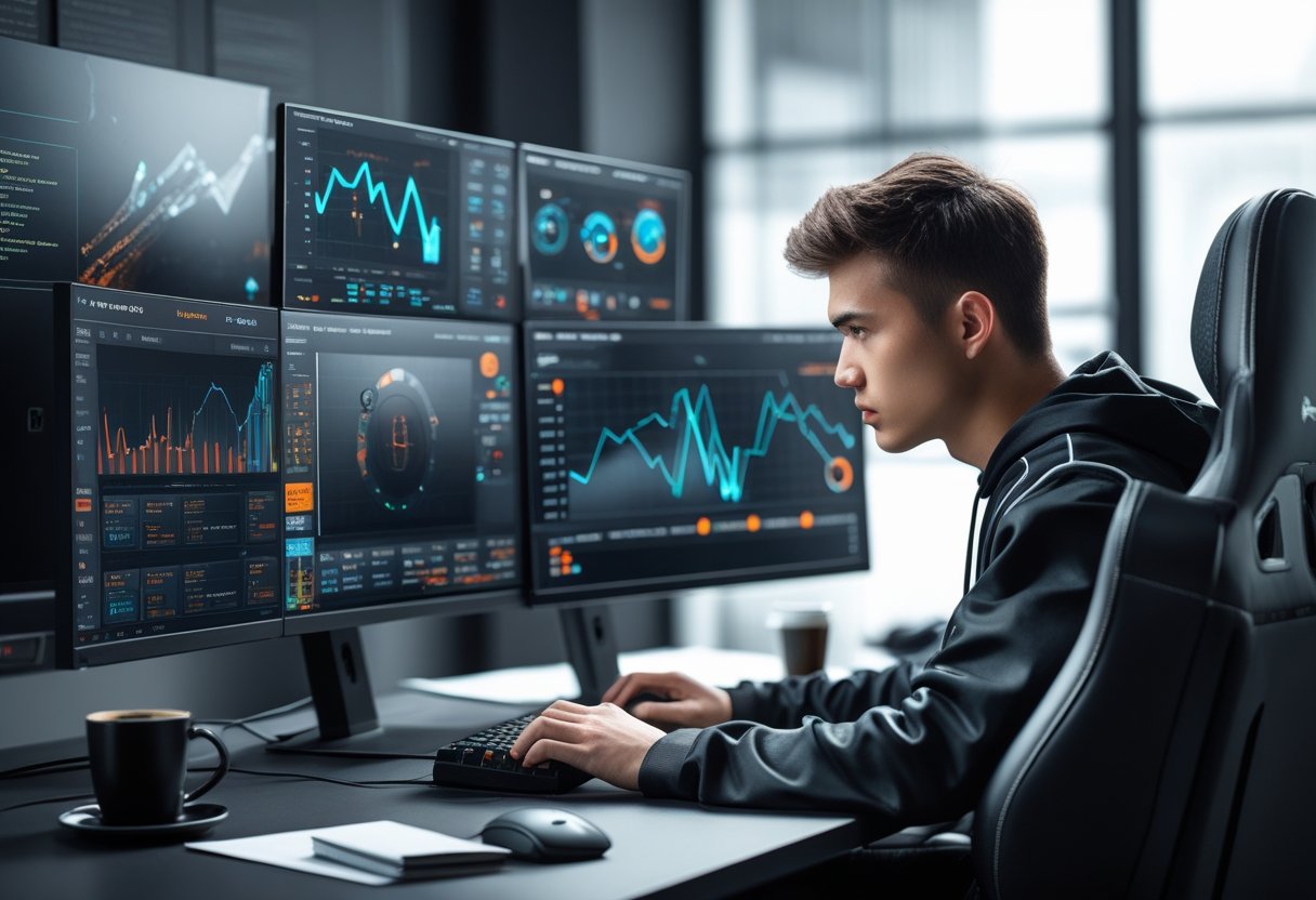 A young man focused on a multi-monitor gaming setup displaying graphs and game interfaces, analyzing data in a clean, organized workspace.