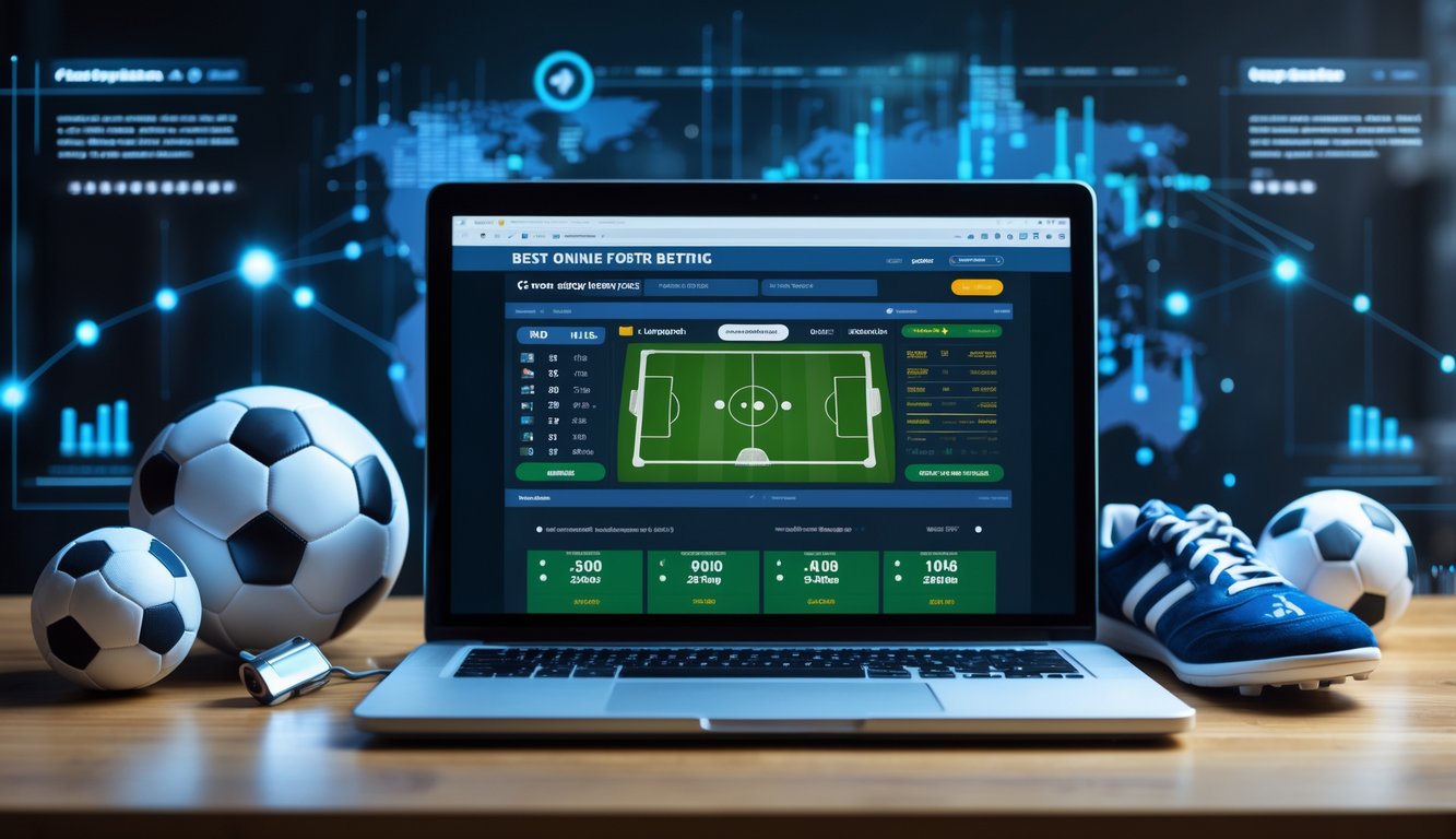 Meja kerja dengan laptop yang menampilkan situs taruhan sepak bola, bola sepak, peluit wasit, dan sepatu olahraga.