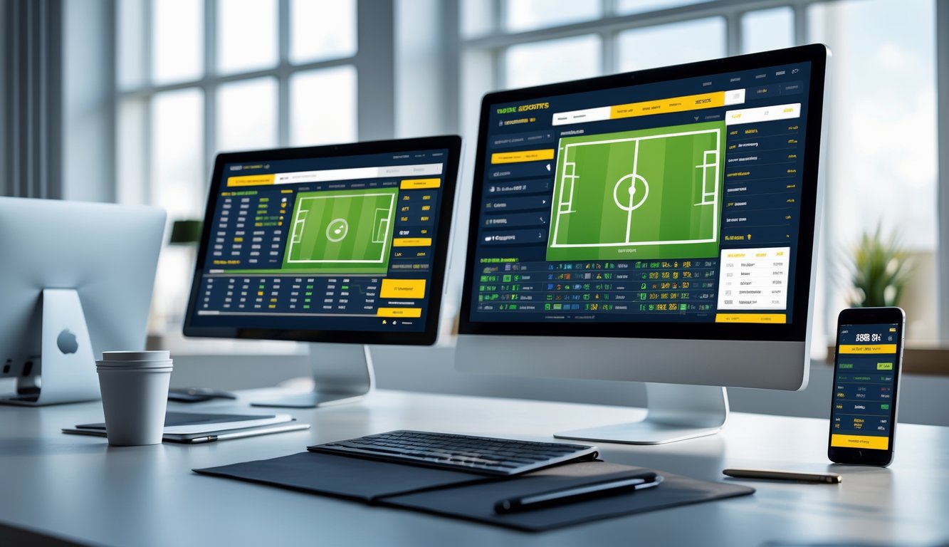 Suasana kantor modern dengan komputer dan laptop yang menampilkan antarmuka taruhan sepak bola online.