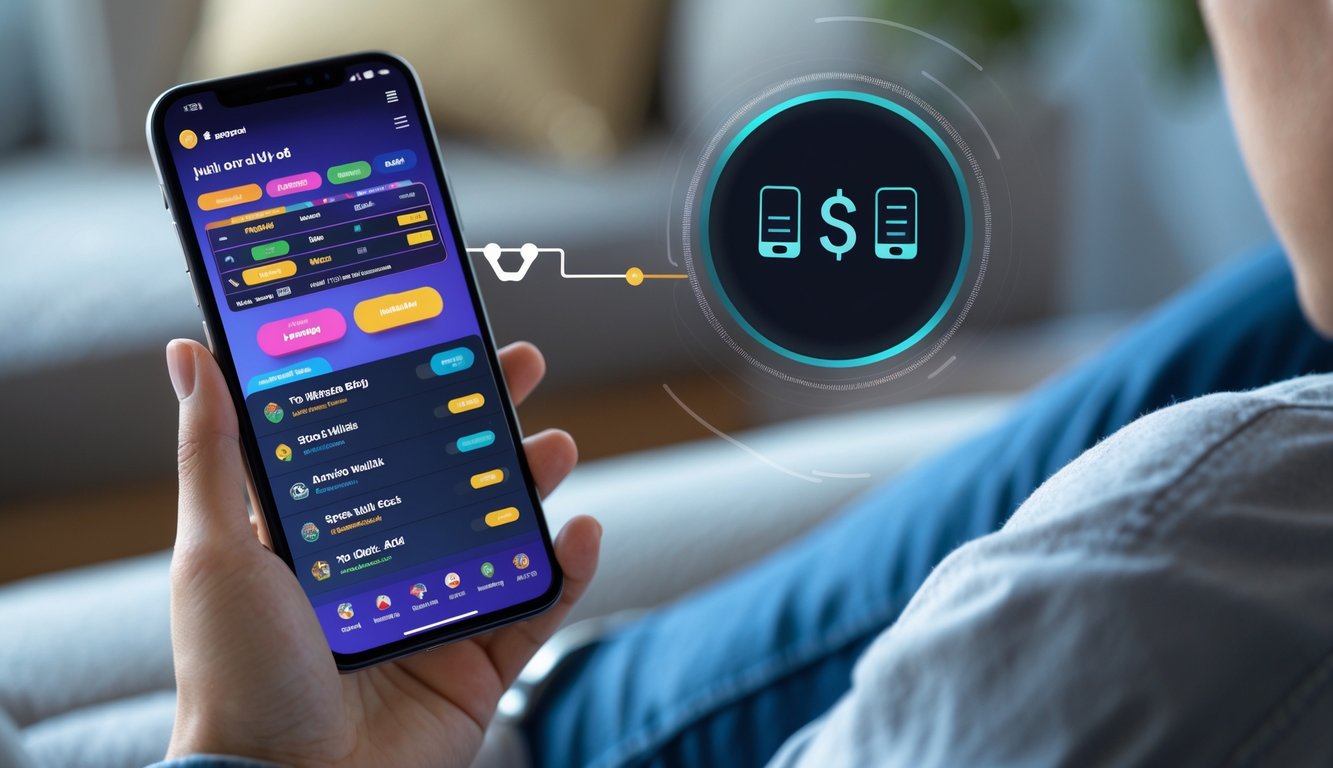 Seseorang memegang ponsel yang menampilkan aplikasi taruhan sepak bola dengan opsi deposit pulsa di latar rumah yang nyaman.