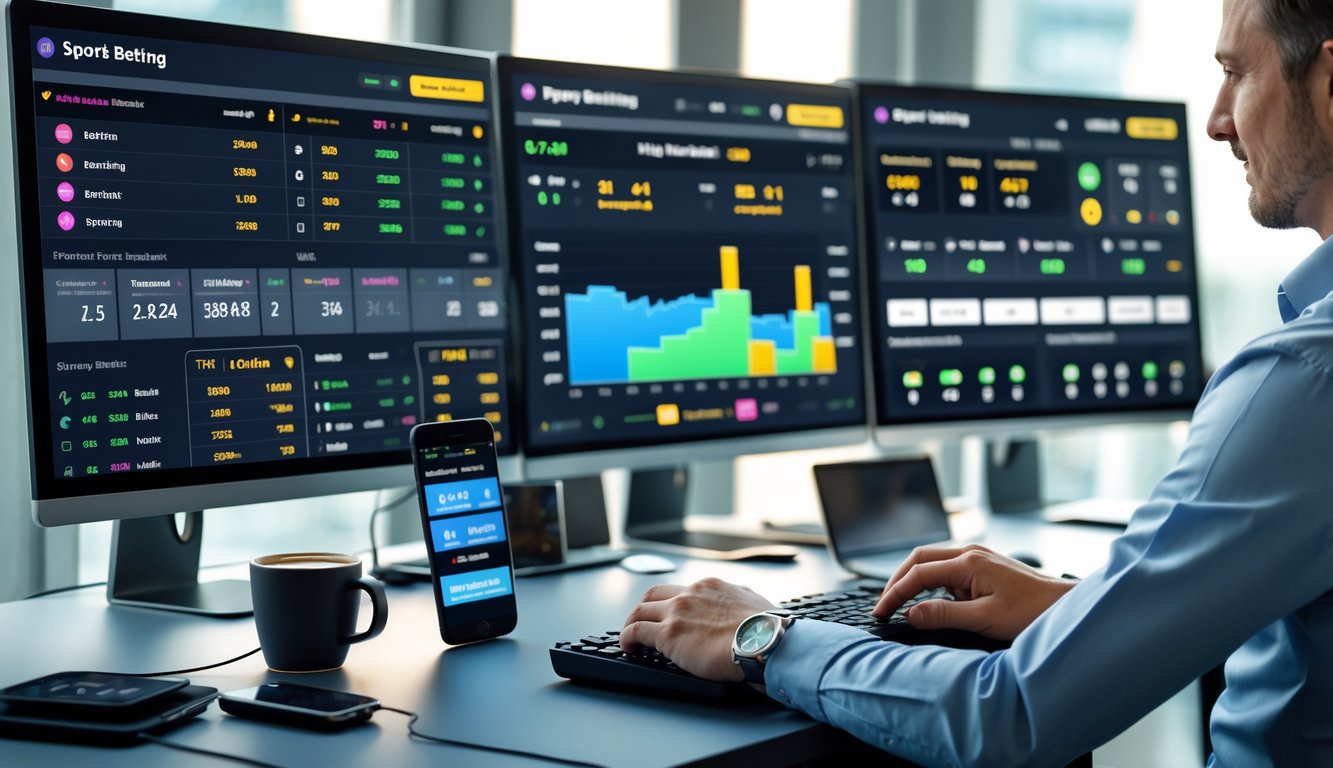 Seseorang sedang menggunakan komputer dengan beberapa layar menampilkan data taruhan sepak bola secara langsung.