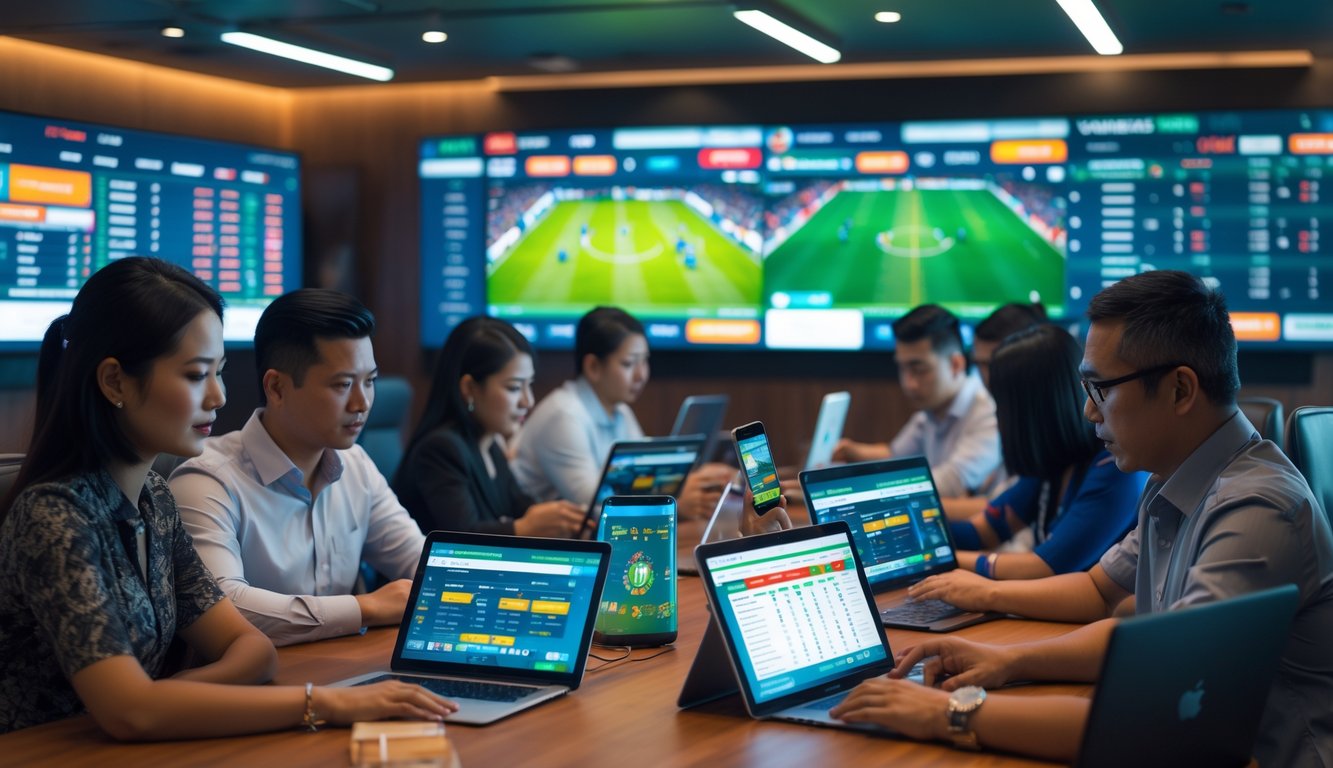 Orang-orang sedang menggunakan perangkat digital untuk memasang taruhan sepak bola di sebuah ruang kantor modern.