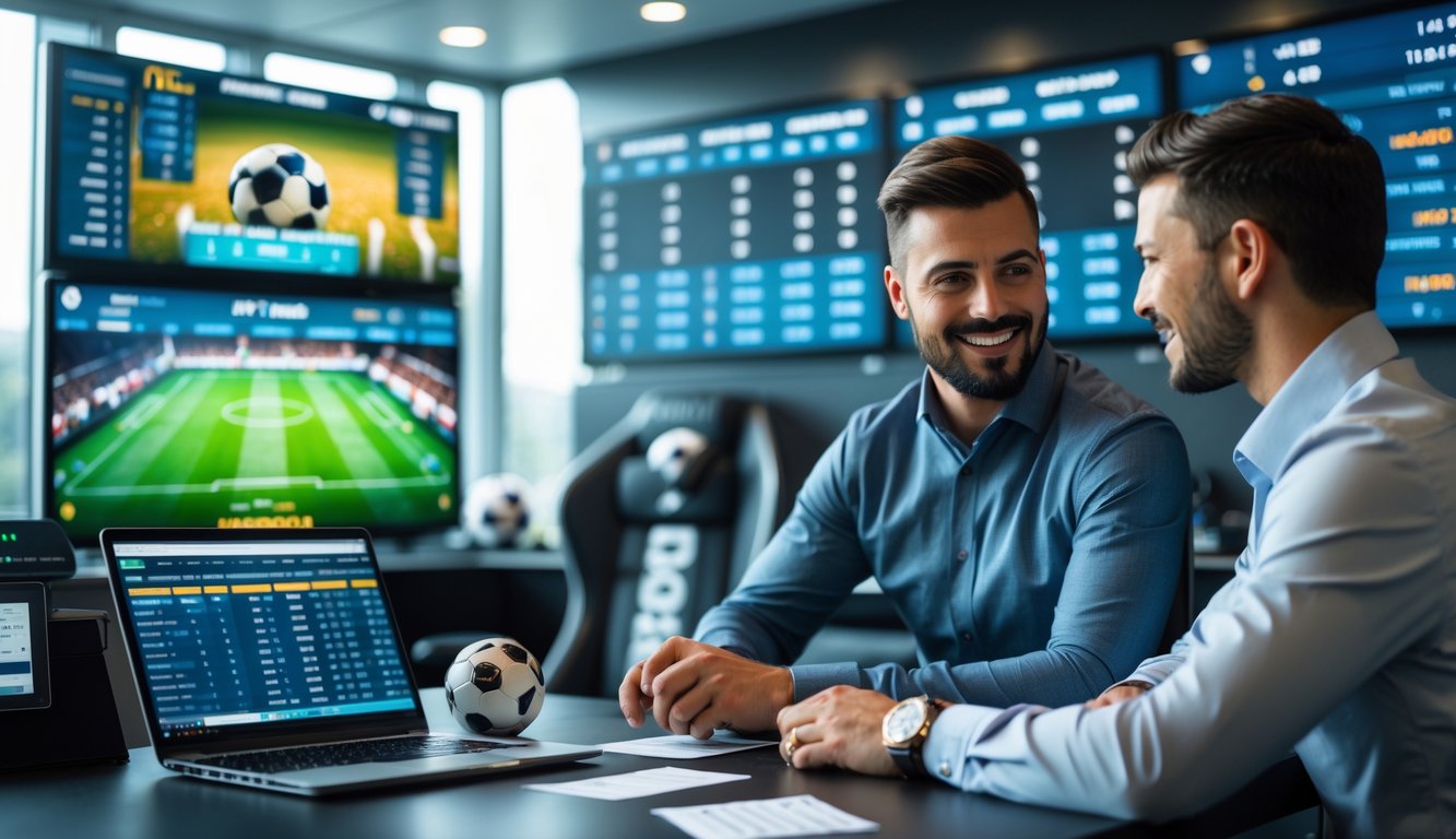 Seorang bandar bola profesional sedang berbicara dengan klien di ruang taruhan sepak bola dengan layar besar menampilkan pertandingan dan statistik.