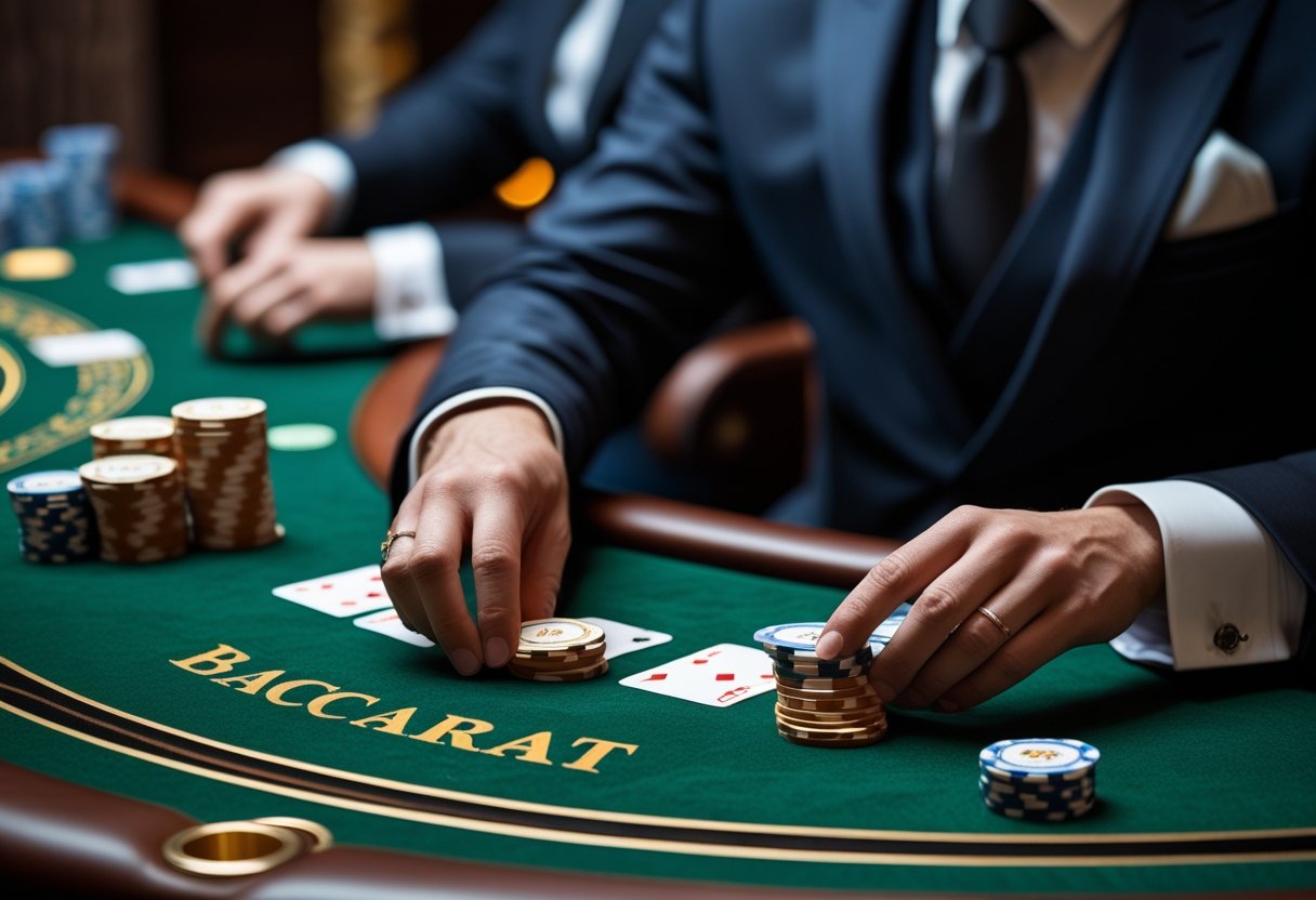 A person playing baccarat at a casino table with chips and cards, focused on the game.