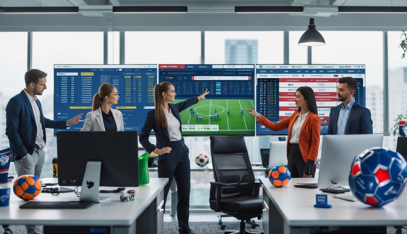 Sekelompok orang muda sedang menganalisis data pertandingan sepak bola di kantor modern dengan komputer dan tablet.