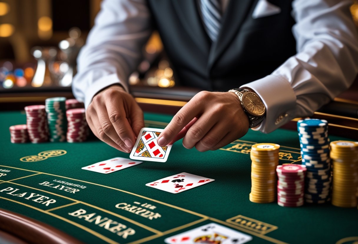 Close-up of a dealer's hands handling baccarat cards and chips on a green casino table with betting areas for player, banker, and tie.