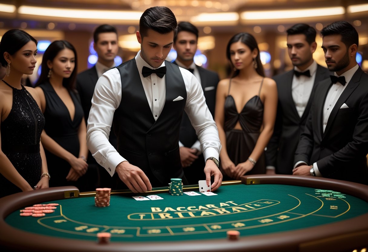 A casino scene with a dealer dealing cards at a baccarat table surrounded by focused players.