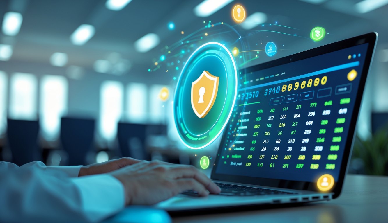 Seseorang menggunakan laptop di lingkungan kantor modern dengan layar menampilkan angka lotere dan ikon keamanan yang menunjukkan situs togel online terpercaya.