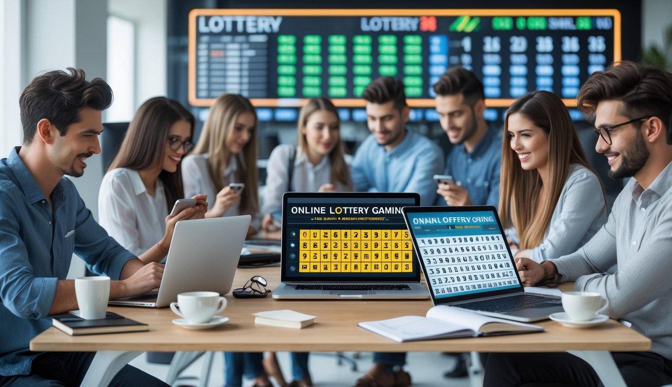 Sekelompok orang muda menggunakan laptop dan ponsel di kantor modern dengan layar digital menampilkan angka lotere.