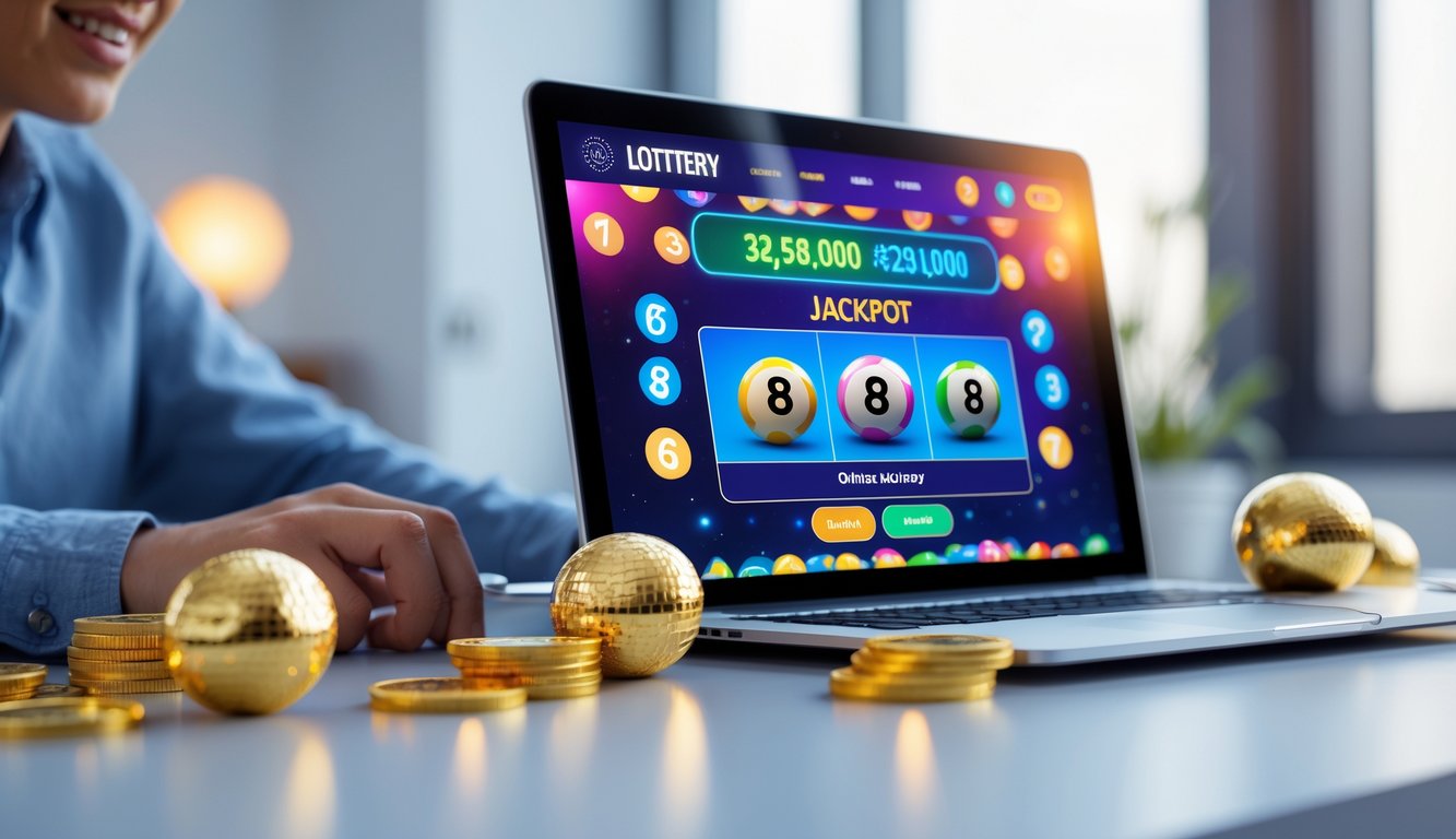 Seseorang menggunakan laptop di meja kerja dengan tampilan situs togel online dan simbol keberuntungan seperti koin emas dan bola togel.