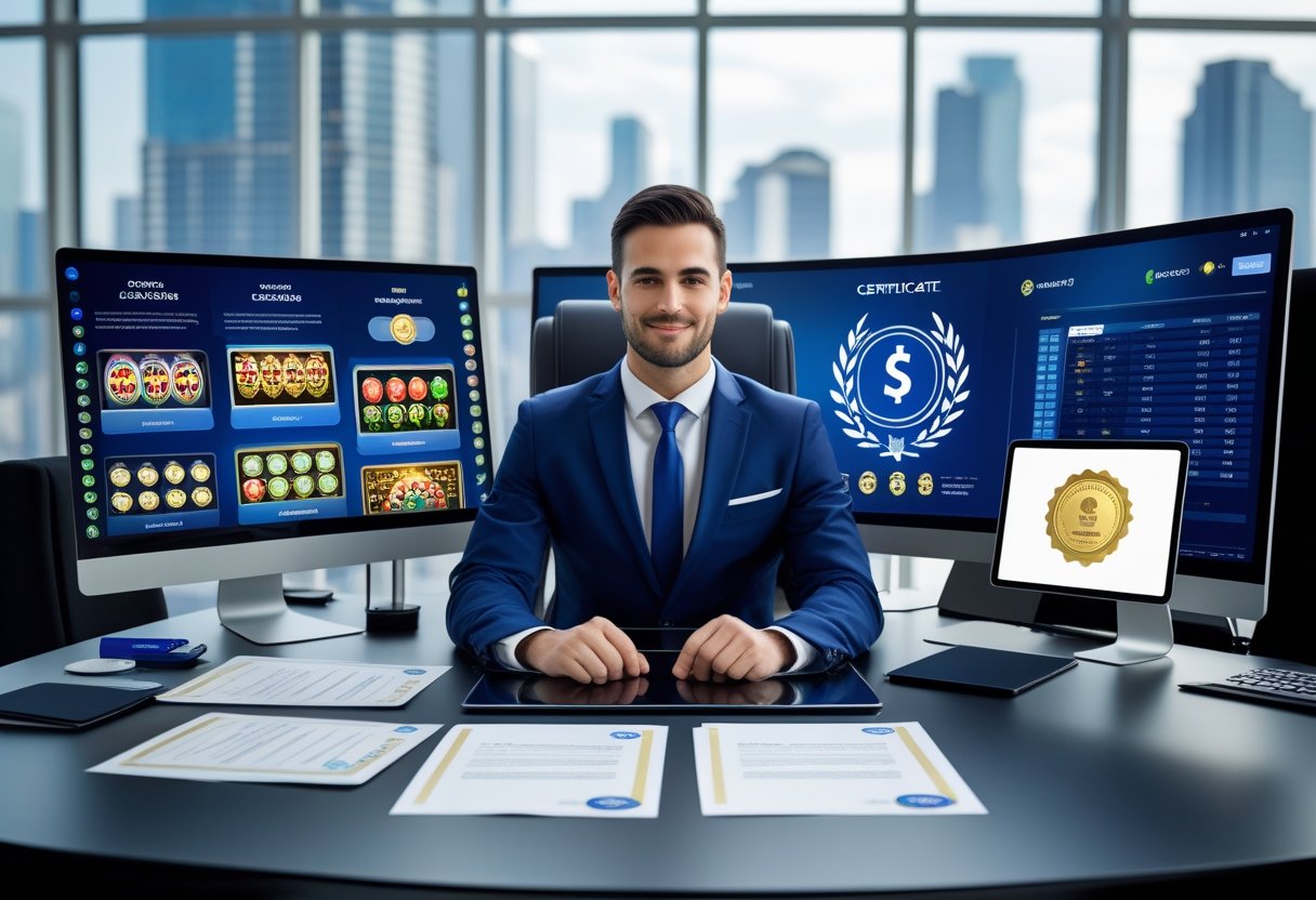 A business professional working at a desk with computer screens showing online casino games and legal documents in a modern office.