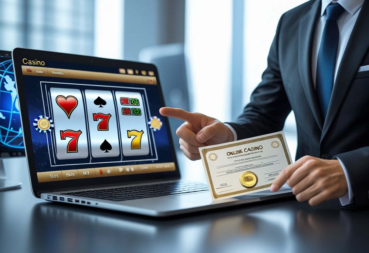 A businessperson pointing at an official document next to a laptop showing a digital casino interface in a modern office.
