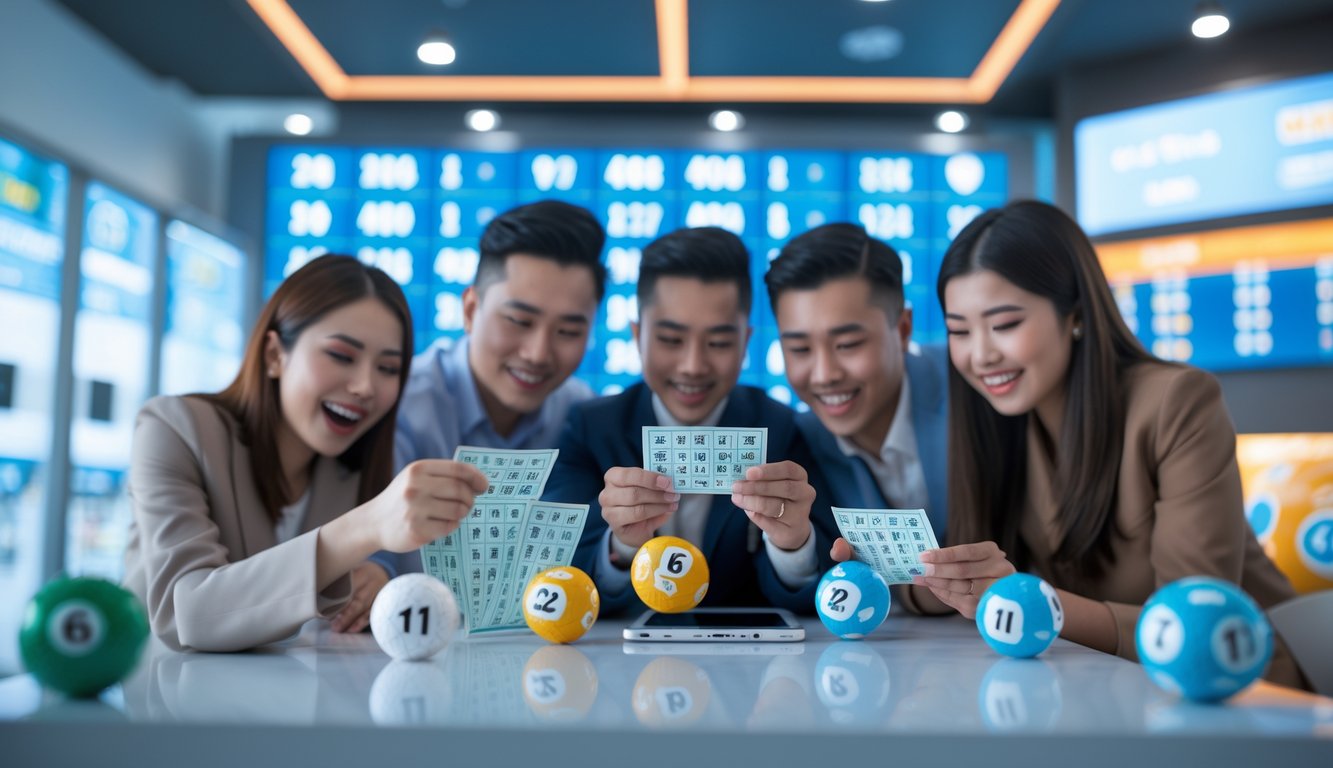 Orang-orang yang bersemangat memeriksa tiket togel dan hasil digital di lingkungan modern yang cerah.