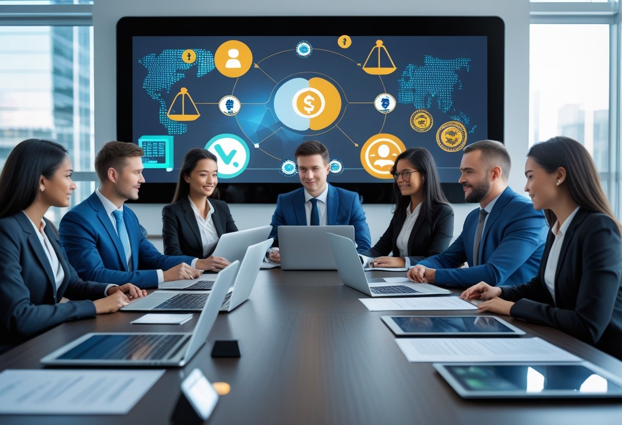 Business professionals in a meeting room discussing online casino regulation and licensing with digital devices and abstract compliance graphics in the background.