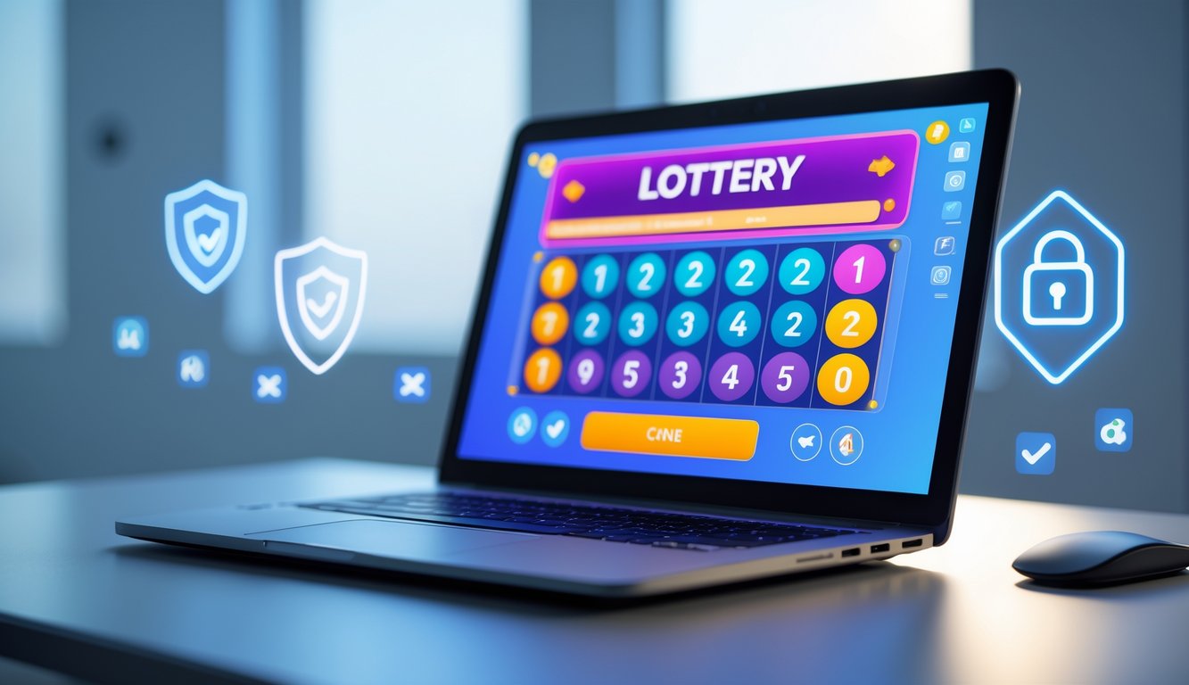Sebuah laptop modern di atas meja dengan layar menampilkan antarmuka lotere digital dan simbol keamanan seperti gembok dan perisai di sekitarnya.